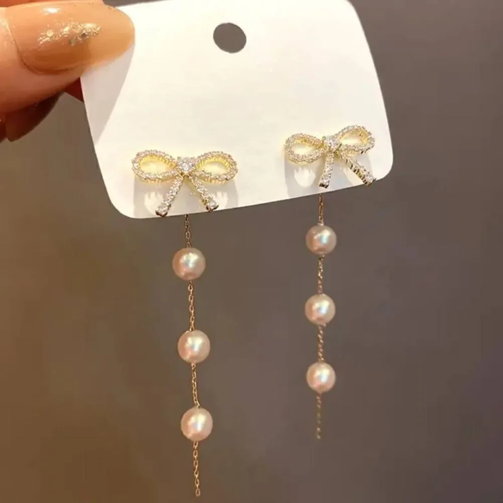 Elegant Vintage Bow Pearl Tassel Stud Earrings